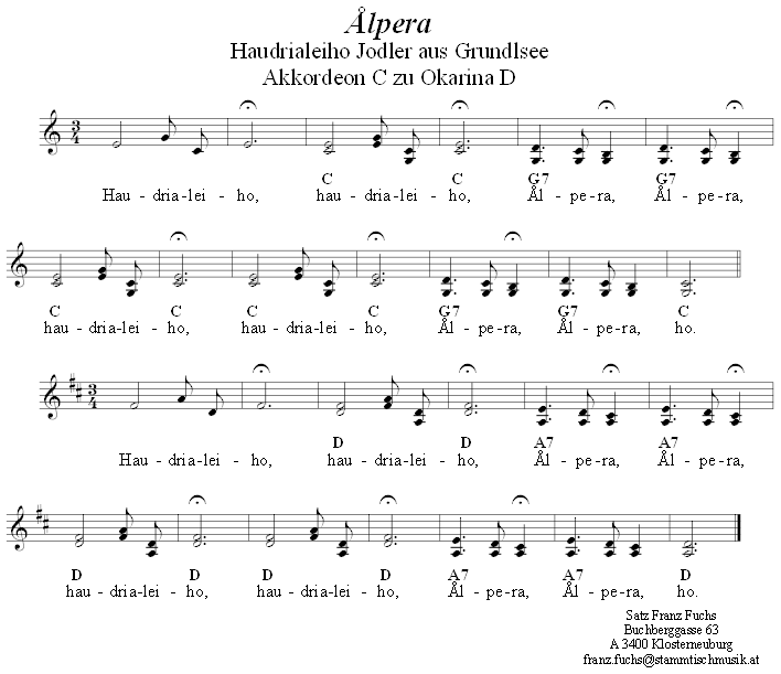 Alpera, lpera Jodler, Begleitstimme fr Akkordeon zur Okarina, Seite 1. 
Bitte klicken, um die Melodie zu hren.