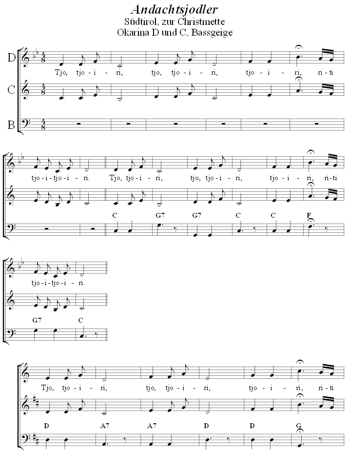 Andachtsjodler in zweistimmigen Noten fr Okarina, Seite 1. 
Bitte klicken, um die Melodie zu hren.
