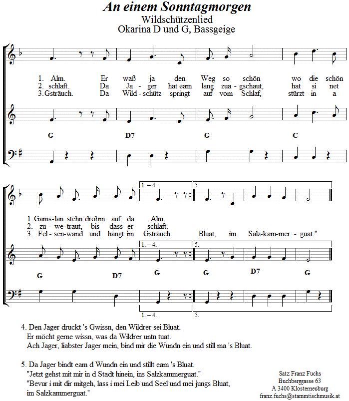An einem Sonntagmorgen, Wildererlied in zweistimmigen Noten fr Okarina, Seite 2. 
Bitte klicken, um die Melodie zu hren.