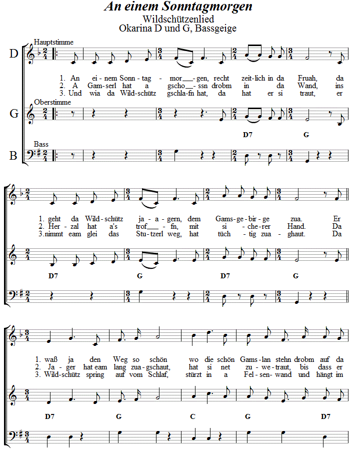 An einem Sonntagmorgen, Wildererlied in zweistimmigen Noten fr Okarina, Seite 1. 
Bitte klicken, um die Melodie zu hren.