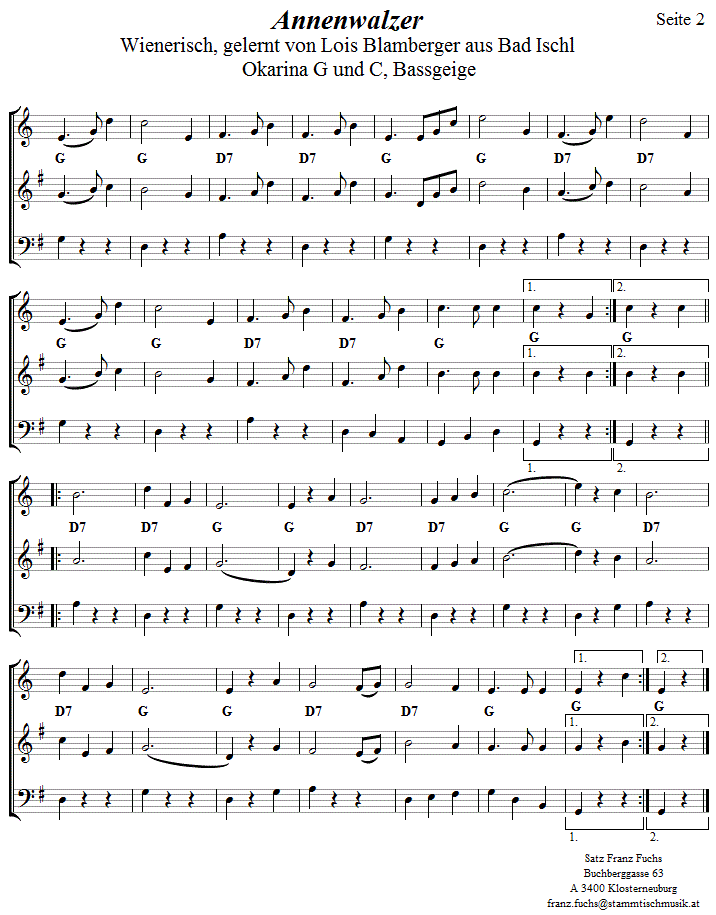 Annenwalzer in zweistimmigen Noten fr Okarina, Seite 2. 
Bitte klicken, um die Melodie zu hren.