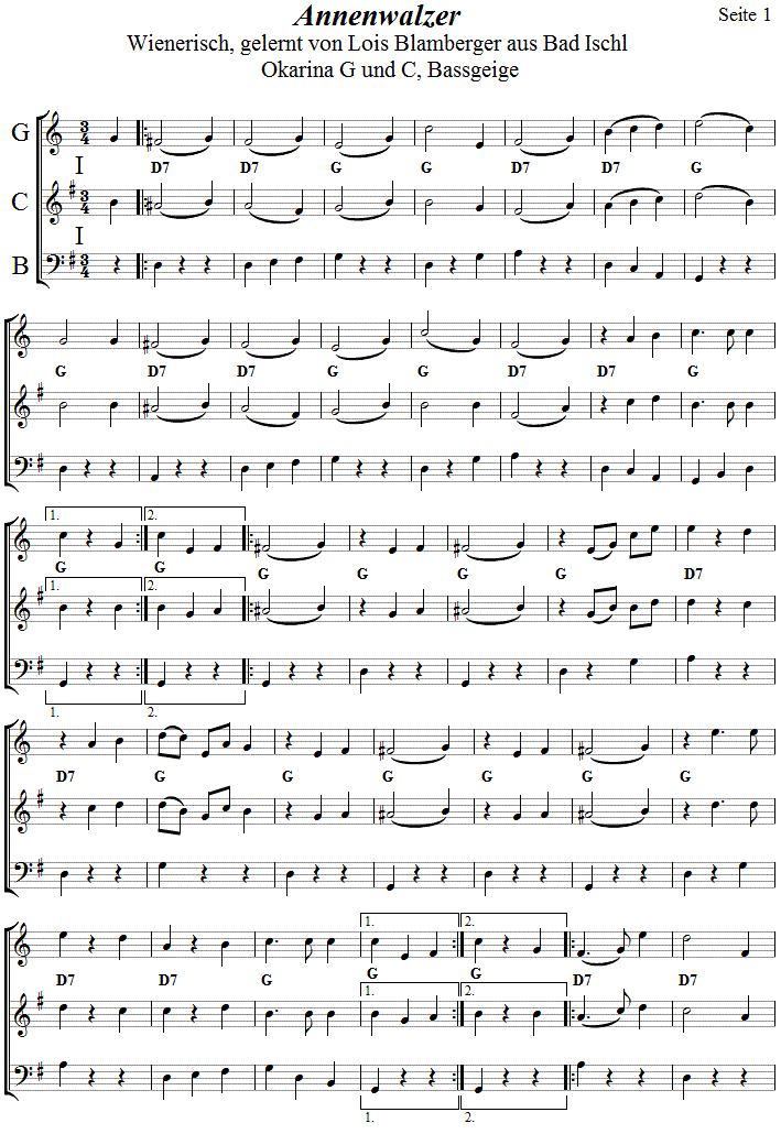 Annenwalzer in zweistimmigen Noten fr Okarina, Seite 1. 
Bitte klicken, um die Melodie zu hren.