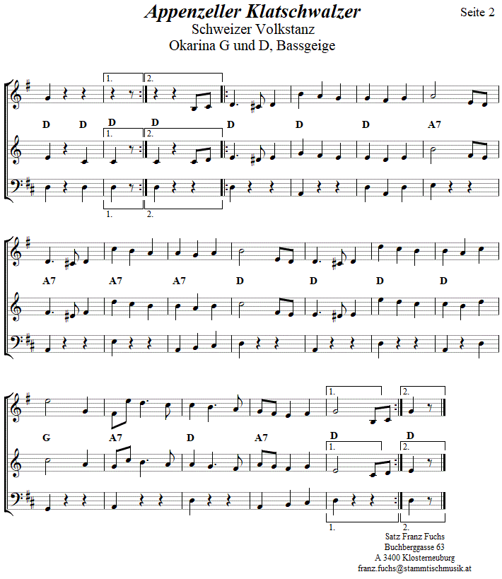 Appenzeller Klatschwalzer in zweistimmigen Noten fr Okarina, Seite 2. 
Bitte klicken, um die Melodie zu hren.