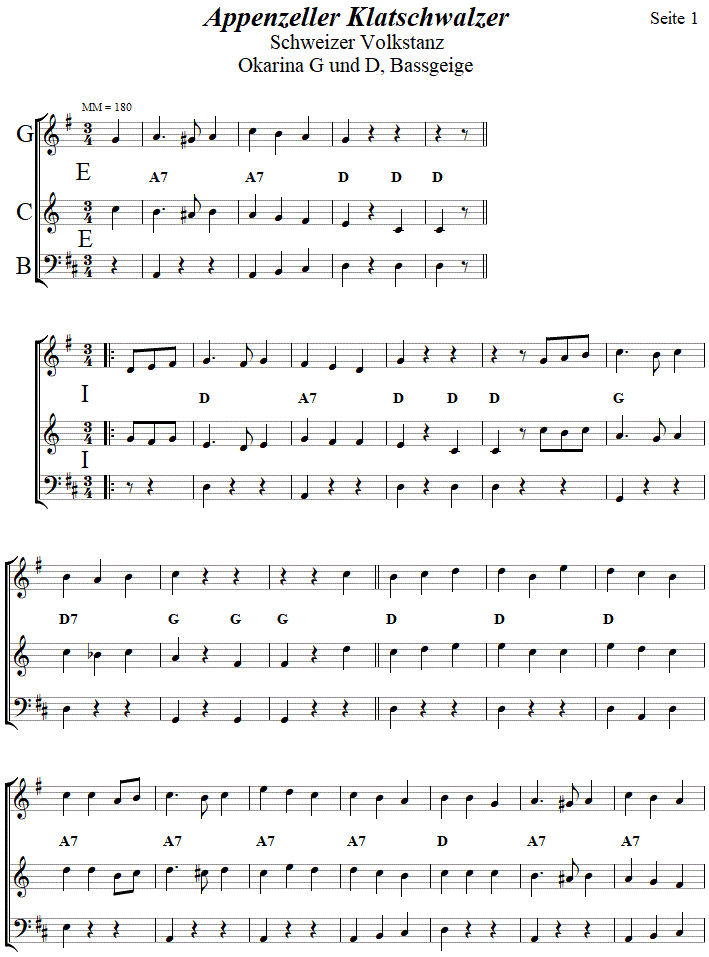 Appenzeller Klatschwalzer in zweistimmigen Noten fr Okarina, Seite 1. 
Bitte klicken, um die Melodie zu hren.