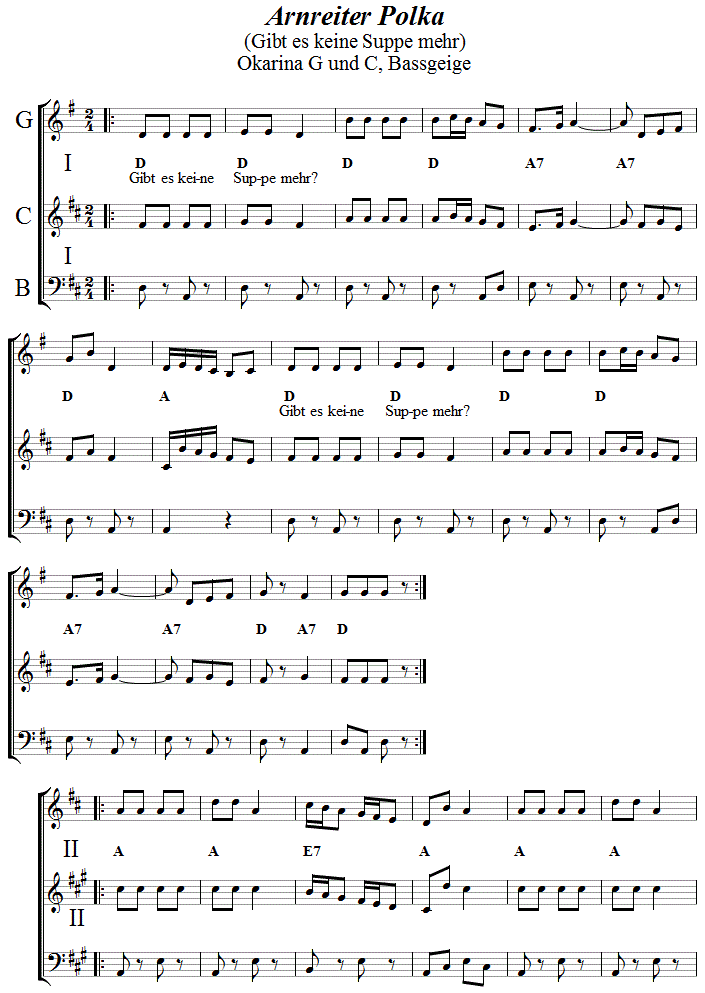 Arnreiter Polka in zweistimmigen Noten fr Okarina, Seite 1. 
Bitte klicken, um die Melodie zu hren.