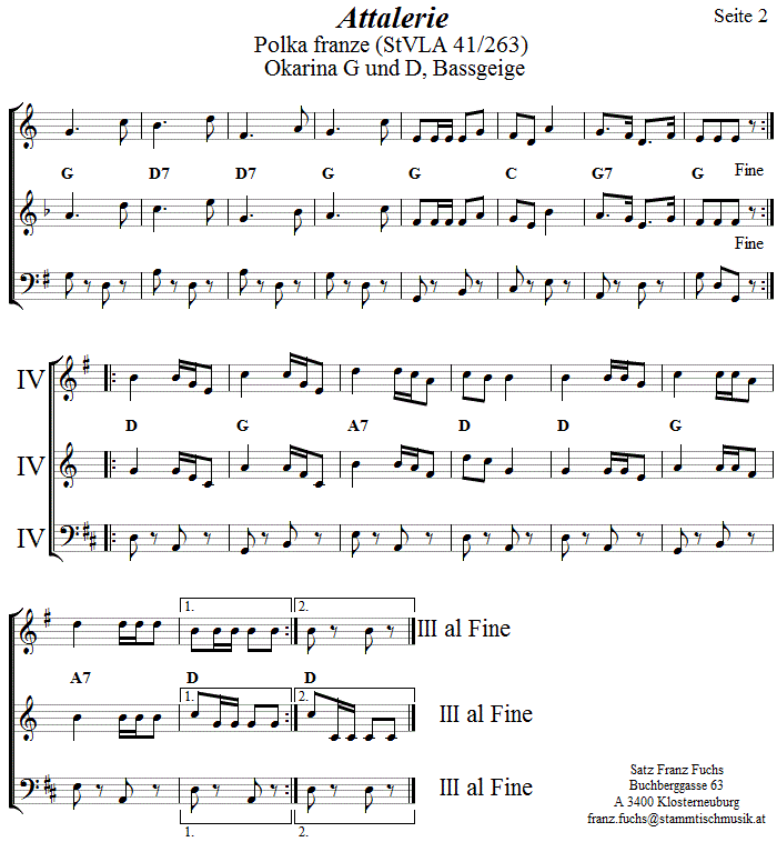 Attalerie Polka franz in zweistimmigen Noten fr Okarina, Seite 2. 
Bitte klicken, um die Melodie zu hren.