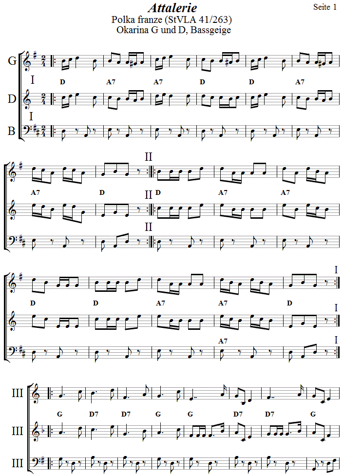 Attalerie Polka franz in zweistimmigen Noten fr Okarina, Seite 1. 
Bitte klicken, um die Melodie zu hren.
