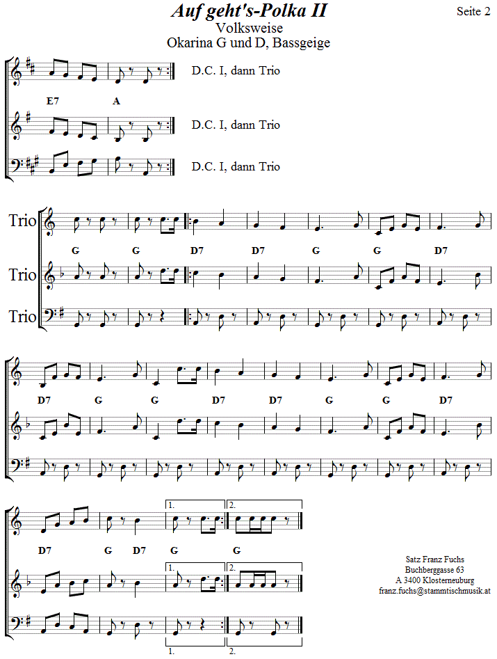 Auf geht's Polka II, Seite 2,  in zweistimmigen Noten fr Okarina, Seite 2. 
Bitte klicken, um die Melodie zu hren.