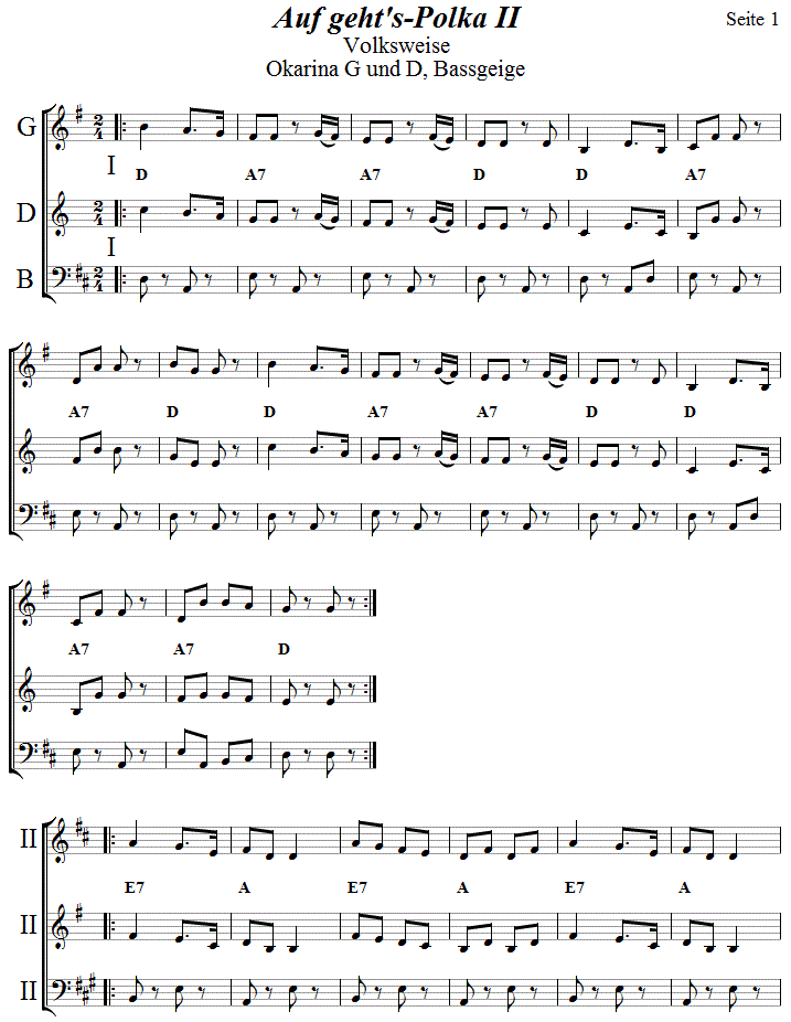 Auf geht's Polka II, Seite 1,  in zweistimmigen Noten fr Okarina, Seite 1. 
Bitte klicken, um die Melodie zu hren.