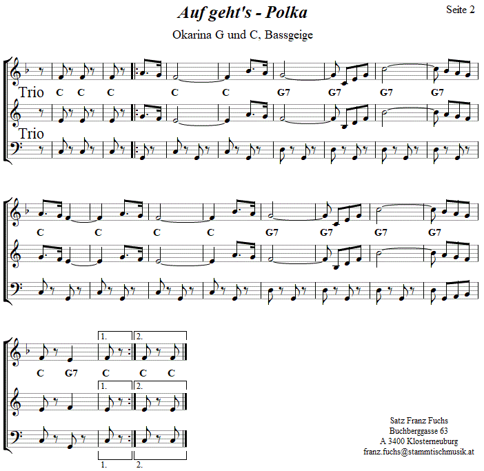 Auf geht's Polka in zweistimmigen Noten fr Okarina, Seite 2. 
Bitte klicken, um die Melodie zu hren.
