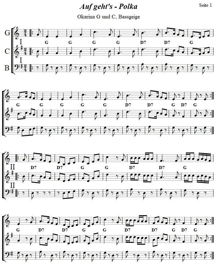 Auf geht's Polka in zweistimmigen Noten fr Okarina, Seite 1. 
Bitte klicken, um die Melodie zu hren.