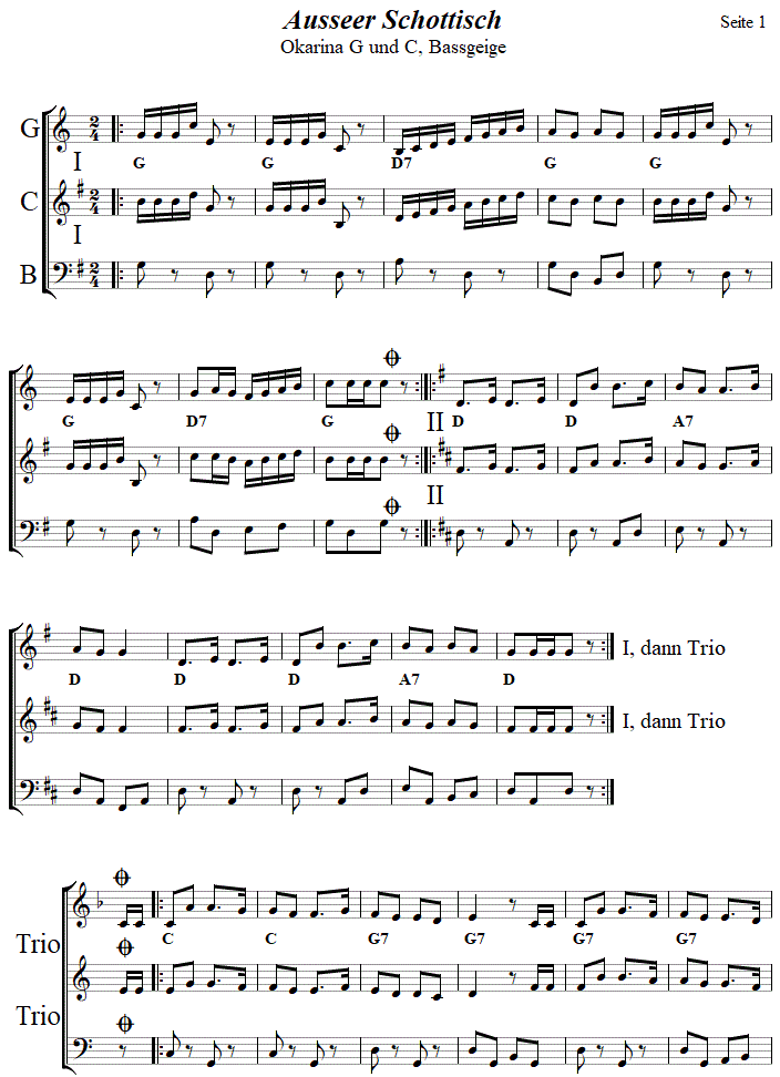Ausseer Schottisch in zweistimmigen Noten fr Okarina, Seite 1. 
Bitte klicken, um die Melodie zu hren.