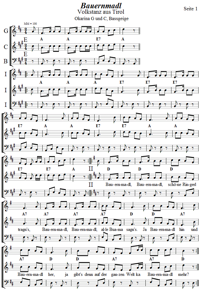 Bauernmadl in zweistimmigen Noten fr Okarina, Seite 1. 
Bitte klicken, um die Melodie zu hren.