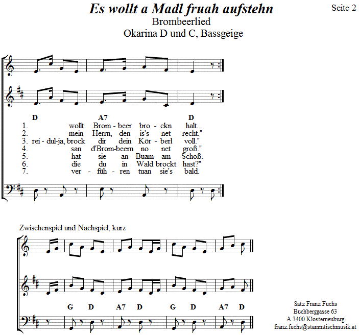 Es wollt a Madl fruah aufstehn (Brombeerlied) in zweistimmigen Noten fr Okarina, Seite 2. 
Bitte klicken, um die Melodie zu hren.
