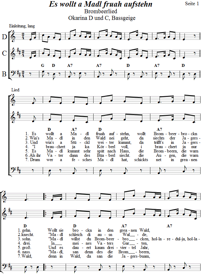 Es wollt a Madl fruah aufstehn (Brombeerlied) in zweistimmigen Noten fr Okarina, Seite 1. 
Bitte klicken, um die Melodie zu hren.