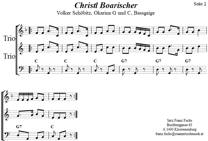 Christl Boarischer von Volker Schbitz, Seite 2,  in zweistimmigen Noten fr Okarina, Seite 2. 
Bitte klicken, um die Melodie zu hren.