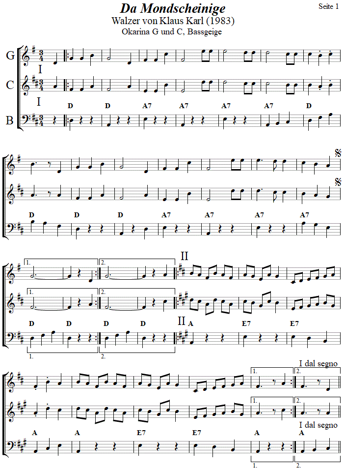Mondscheiniger in zweistimmigen Noten fr Okarina, Seite 1. 
Bitte klicken, um die Melodie zu hren.