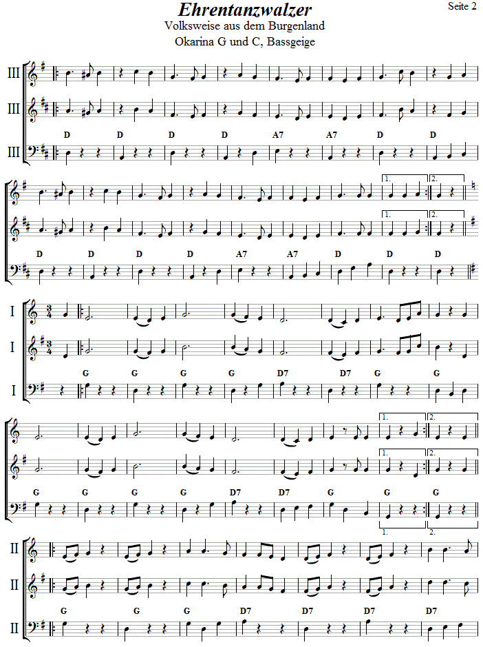 Ehrentanzwalzer in zweistimmigen Noten fr Okarina, Seite 2. 
Bitte klicken, um die Melodie zu hren.