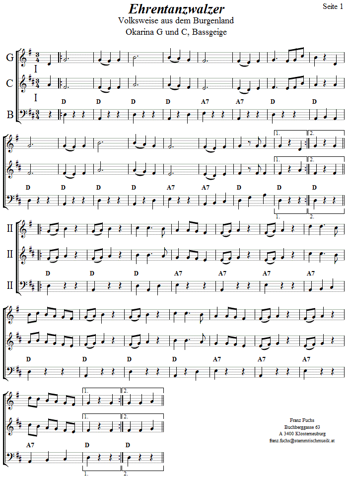 Ehrentanzwalzer in zweistimmigen Noten fr Okarina, Seite 1. 
Bitte klicken, um die Melodie zu hren.