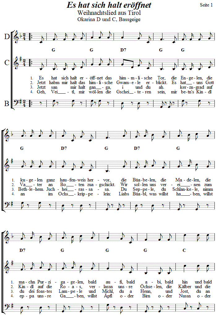 Es hat sich halt erffnet, Krippenlied in zweistimmigen Noten fr Okarina, Seite 1. 
Bitte klicken, um die Melodie zu hren.