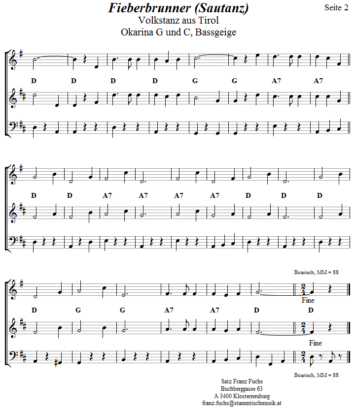 Fieberbrunner Sautanz in zweistimmigen Noten fr Okarina, Seite 2. 
Bitte klicken, um die Melodie zu hren.