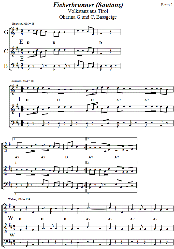 Fieberbrunner Sautanz in zweistimmigen Noten fr Okarina, Seite 1. 
Bitte klicken, um die Melodie zu hren.