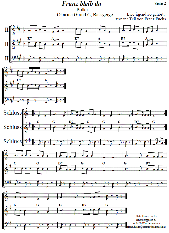 Franz bleib da in zweistimmigen Noten fr Okarina, Seite 2. 
Bitte klicken, um die Melodie zu hren.