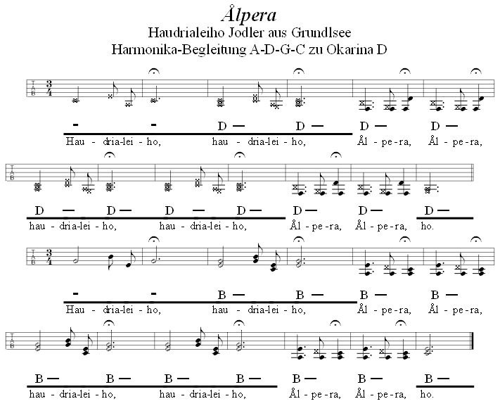 Alpera, lpera Jodler, Begleitstimme fr Steirische Harmonika zur Okarina, Seite 1. 
Bitte klicken, um die Melodie zu hren.