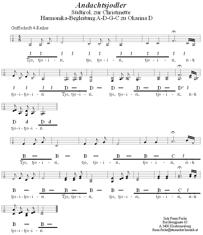 Andachtsjodler, Begleitstimme fr Steirische Harmonika zur Okarina. 
Bitte klicken, um die Melodie zu hren.