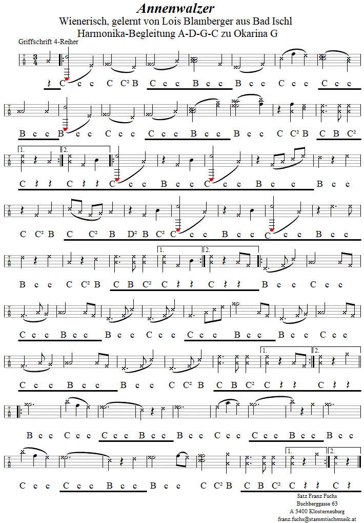Annenwalzer, Begleitstimme fr Steirische Harmonika zur Okarina, Seite 1. 
Bitte klicken, um die Melodie zu hren.