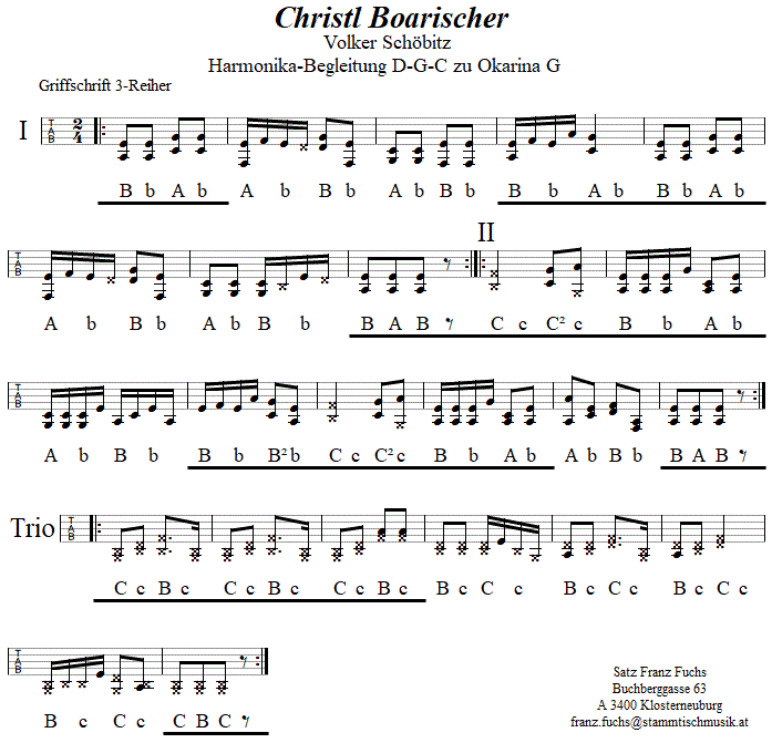 Christl Boarischer von Volker Schbitz, Begleitstimme fr Steirische Harmonika zur Okarina. 
Bitte klicken, um die Melodie zu hren.