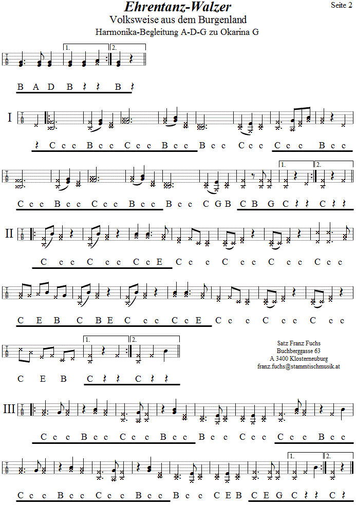 Ehrentanzwalzer, Begleitstimme fr Steirische Harmonika zur Okarina, Seite 2. 
Bitte klicken, um die Melodie zu hren.