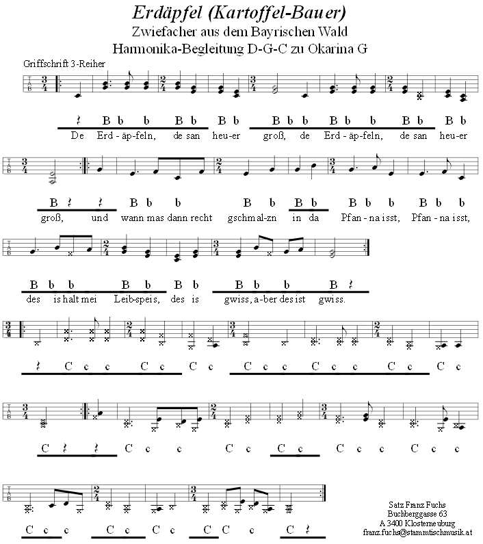 Erdpfel Zwiefachert, Begleitstimme fr Steirische Harmonika zur Okarina. 
Bitte klicken, um die Melodie zu hren.