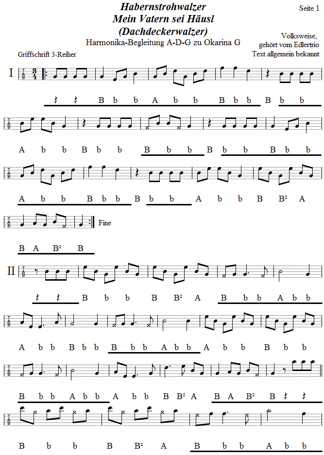 Habernstrohwalzer, Begleitstimme fr Steirische Harmonika zur Okarina, Seite 1. 
Bitte klicken, um die Melodie zu hren.