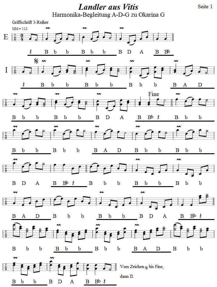 Landler aus Vitis, Begleitstimme fr Steirische Harmonika zur Okarina, Seite 1. 
Bitte klicken, um die Melodie zu hren.