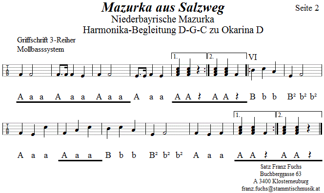 Mazurka aus Salzweg, Seite 1, Begleitstimme fr Steirische Harmonika zur Okarina, Seite 2. 
Bitte klicken, um die Melodie zu hren.