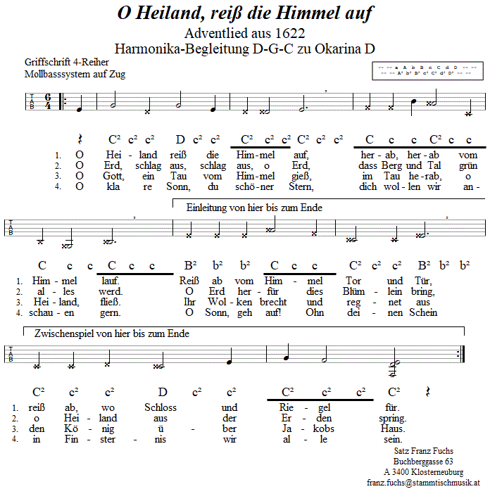 O Heiland, rei die Himmel auf, Adventlied, Begleitstimme fr Steirische Harmonika zur Okarina. 
Bitte klicken, um die Melodie zu hren.