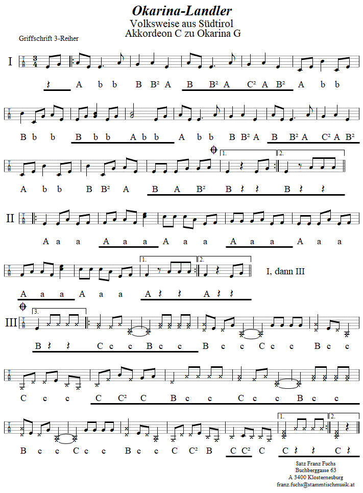 Okarinalandler, Begleitstimme fr Steirische Harmonika zur Okarina. 
Bitte klicken, um die Melodie zu hren.