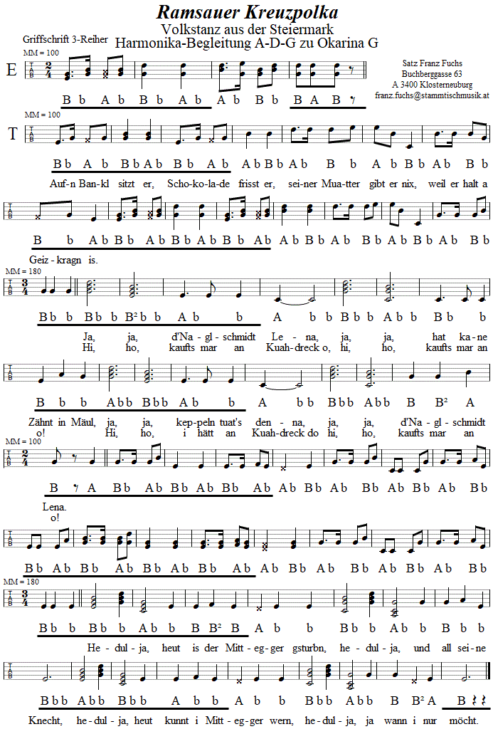 Ramsauer Kreuzpolka, Begleitstimme fr Steirische Harmonika zur Okarina. 
Bitte klicken, um die Melodie zu hren.