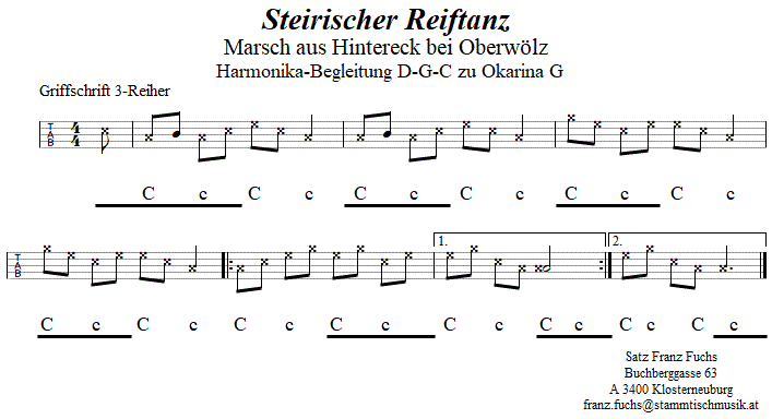 Steirischer Reiftan (Marsch aus Hintereck), Begleitstimme fr Steirische Harmonika zur Okarina. 
Bitte klicken, um die Melodie zu hren.