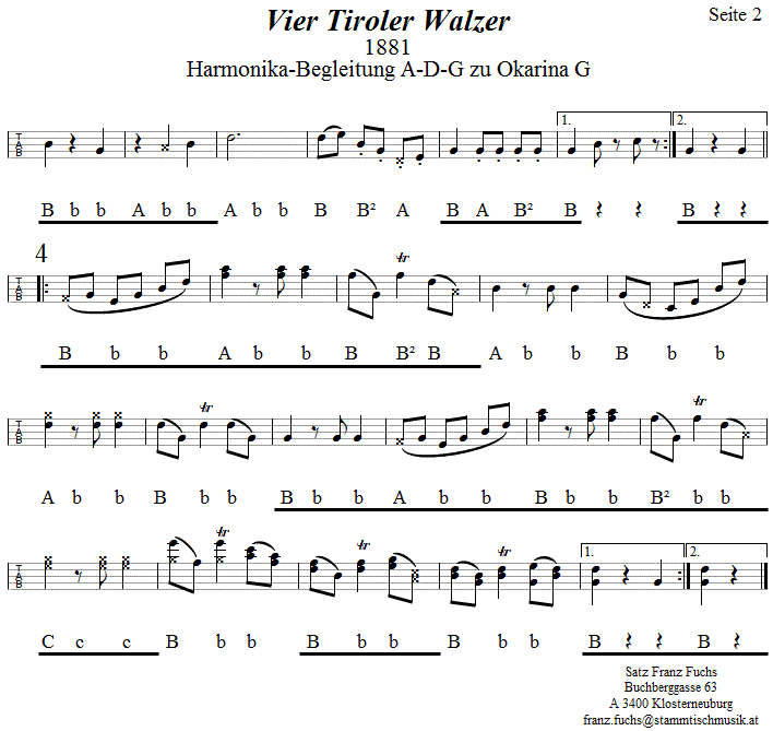 Vier Tiroler Walzer, Begleitstimme fr Steirische Harmonika zur Okarina, Seite 2. 
Bitte klicken, um die Melodie zu hren.