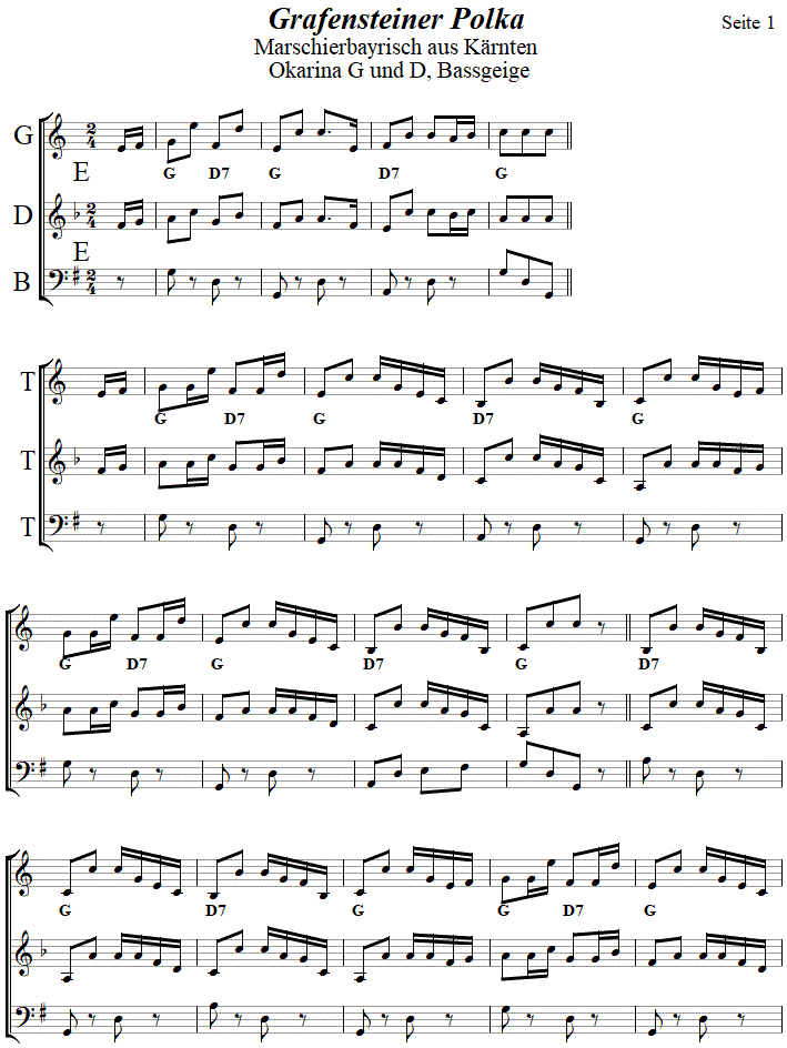 Grafensteiner Polka in zweistimmigen Noten fr Okarina, Seite 1. 
Bitte klicken, um die Melodie zu hren.