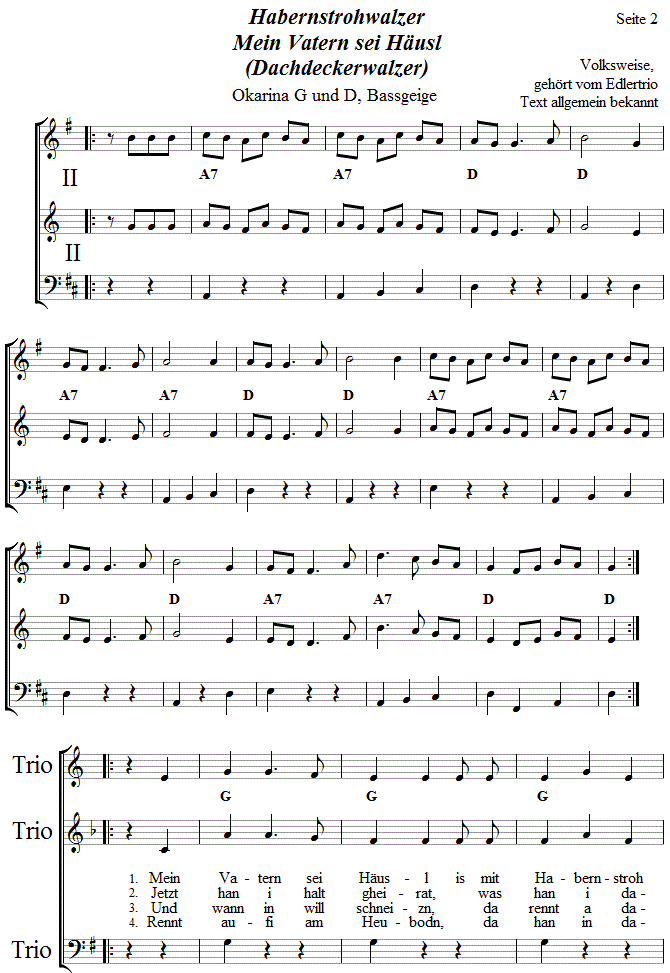 Habernstrohwalzer in zweistimmigen Noten fr Okarina, Seite 2. 
Bitte klicken, um die Melodie zu hren.