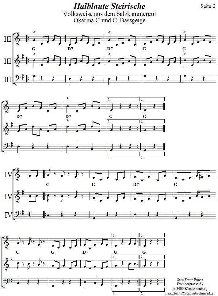 Halblaute Steirische in zweistimmigen Noten fr Okarina, Seite 2. 
Bitte klicken, um die Melodie zu hren.