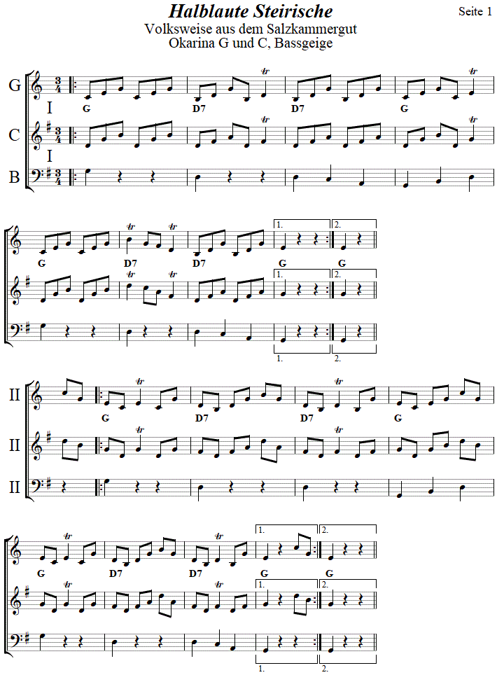 Halblaute Steirische in zweistimmigen Noten fr Okarina, Seite 1. 
Bitte klicken, um die Melodie zu hren.