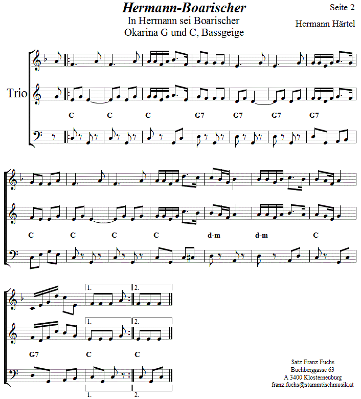 Hermann-Boarischer von Hermann Hrtel, Seite 2, in zweistimmigen Noten fr Okarina, Seite 1. 
Bitte klicken, um die Melodie zu hren.