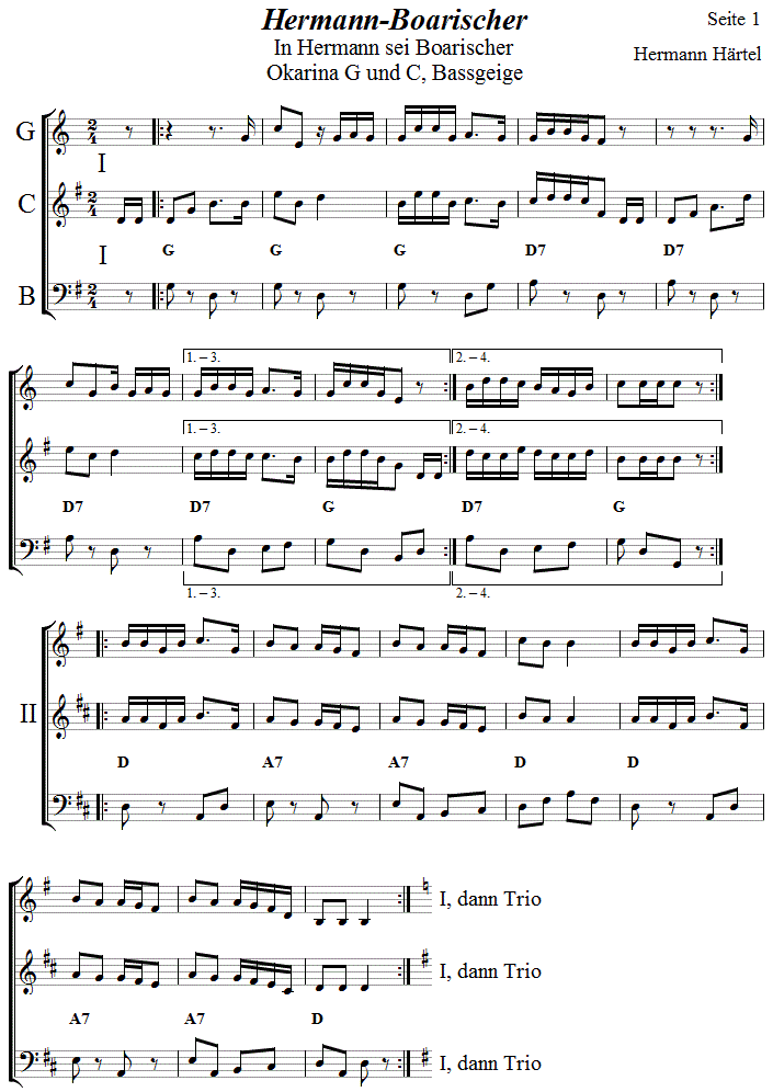 Hermann-Boarischer von Hermann Hrtel, Seite 1, in zweistimmigen Noten fr Okarina, Seite 1. 
Bitte klicken, um die Melodie zu hren.
