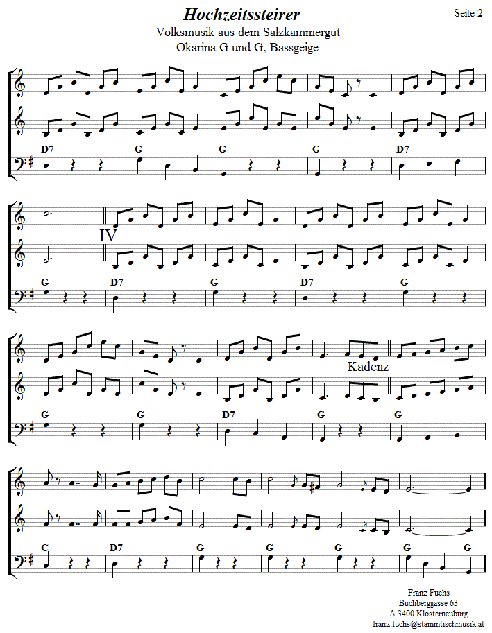Hochzeitssteirer in zweistimmigen Noten fr Okarina, Seite 2. 
Bitte klicken, um die Melodie zu hren.
