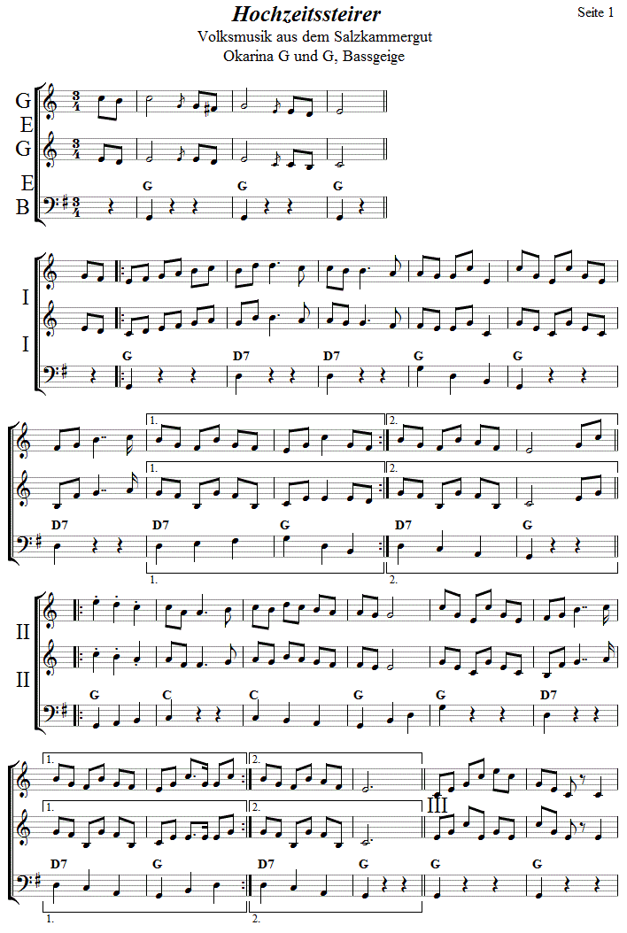Hochzeitssteirer in zweistimmigen Noten fr Okarina, Seite 1. 
Bitte klicken, um die Melodie zu hren.