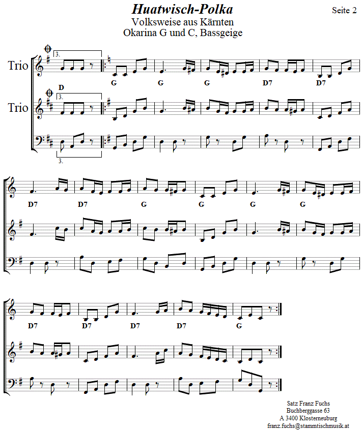 Huatwisch-Polka in zweistimmigen Noten fr Okarina, Seite 2. 
Bitte klicken, um die Melodie zu hren.